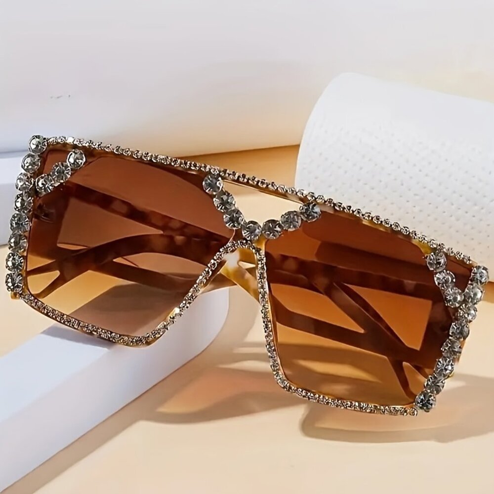 Large Hollow Geometric Mirror Sunglasses – Tortoiseshell Frame with Rhinestone A - Picture 3 of 4